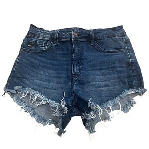 KanCan Womens Estrilo Distressed Dark Wash Denim Shorts with Frayed Hem Size 9